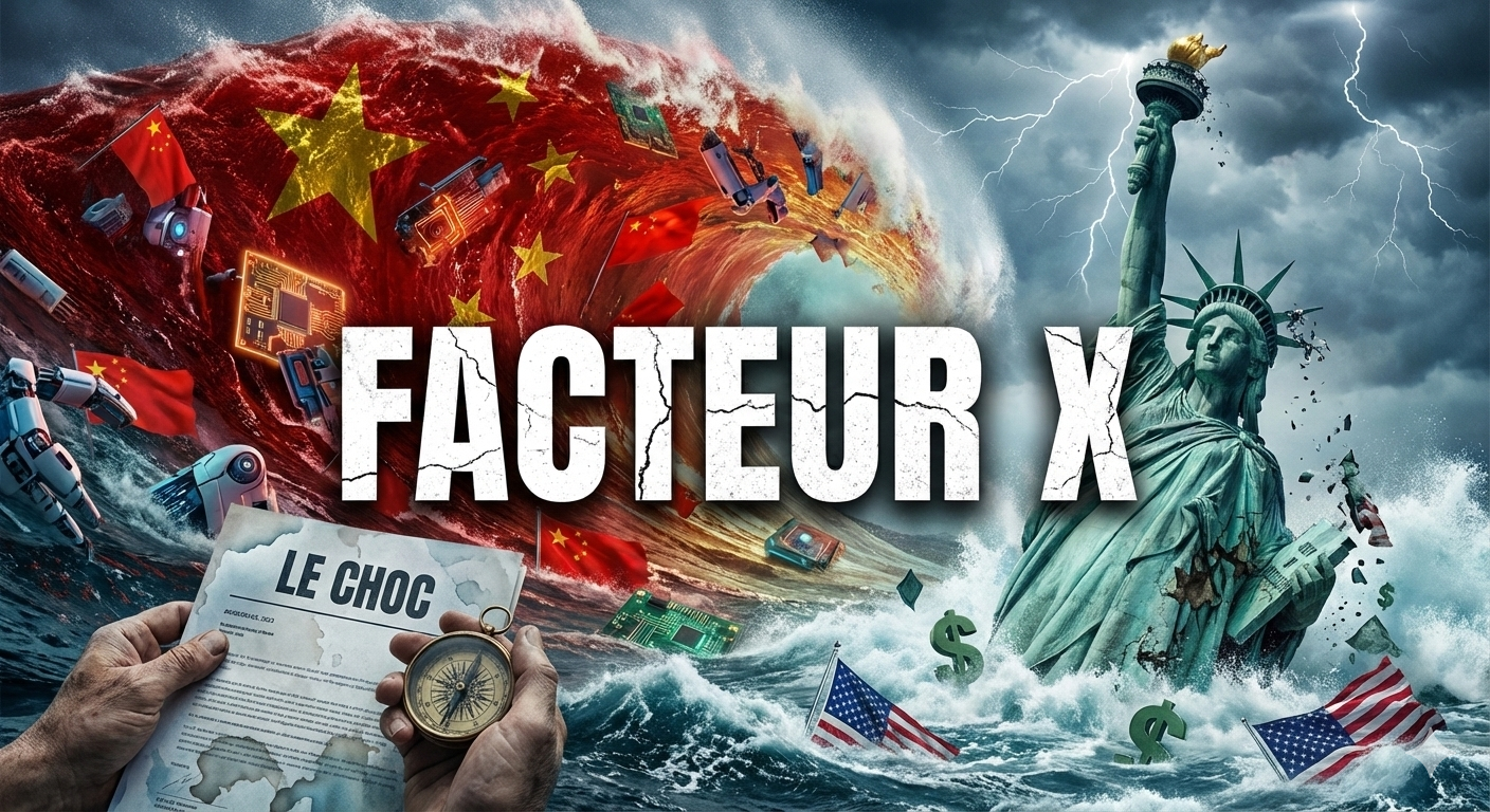 Facteur X — vague chinoise (drapeaux, robots, semi-conducteurs) submergeant la Statue de la Liberté sous un ciel orageux ; au premier plan une main tient un journal titré 'Le Choc' avec une boussole